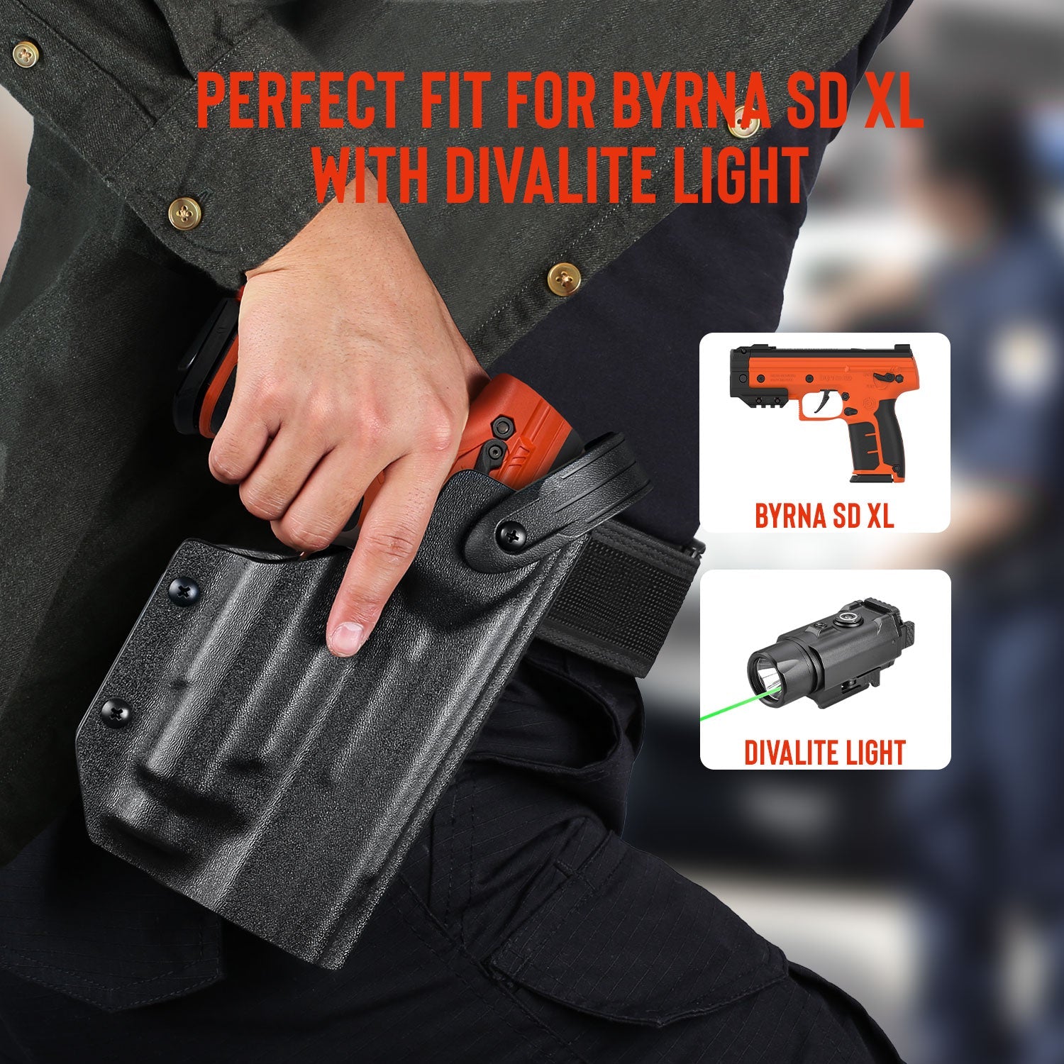 Level 3 RH Custom Holster For Byrna LE or SDXL Launcher compatible with Divalite laser light combo - NAKESTORES